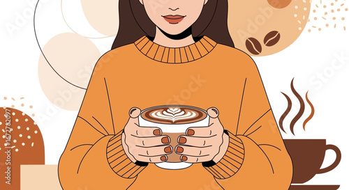 Warm Beverage Enjoyment Depicted: Latte Art, Cozy Aesthetic, and Sip of Delight