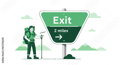 Cheerful Hiker Approaching Trail Exit Sign Near Mountains, Outdoor Adventure Ahead