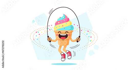 Cheerful Ice Cream Character Exercising With Jumping Rope, Promoting Fun and Fitness