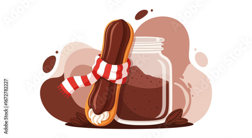 Warm Winter Treat: Chocolate Eclair With a Festive Scarf Next to Cocoa Powder