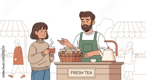 Warm, Market Scene: Customer Interacts With Tea Seller At Fresh Tea Stall
