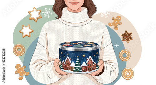 Warm Winter Wishes: A Person Holding Festive Holiday Baked Goods in a Decorative Tin