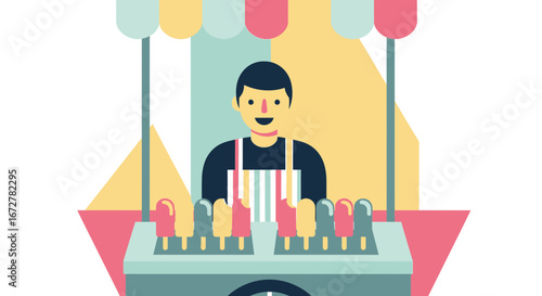 Cheerful Ice Cream Vendor Standing Behind A Colorful Cart Selling Refreshing Treats