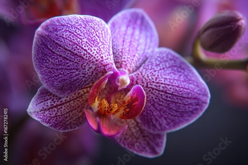 Close up macro image of a purple orchid
