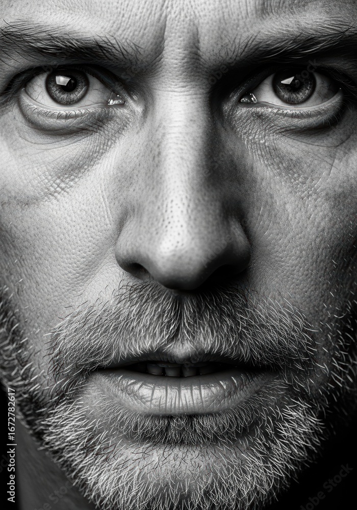 Naklejka premium Intense Close-up Portrait of a Serious Man with Beard, Black and White Photography for Dramatic Marketing Campaigns