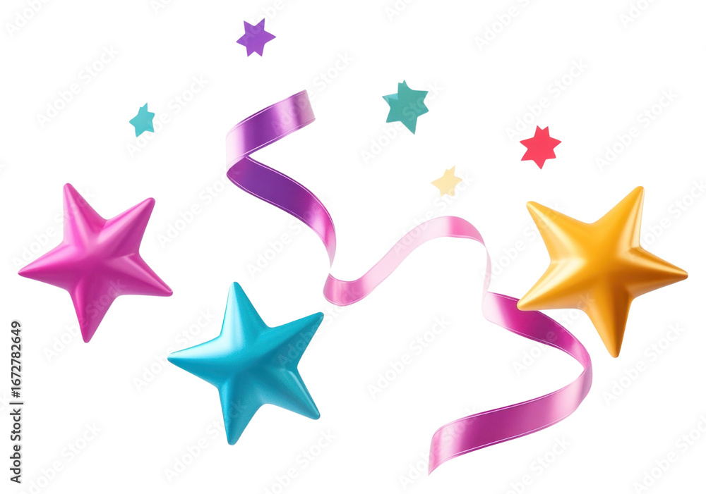 Obraz premium PNG Three confetti stars colorful ribbons illustration.