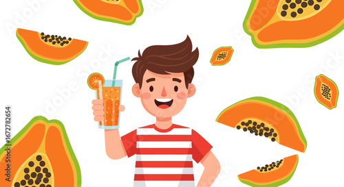 Cheerful Kid Showing Papaya Juice, Healthy Beverage, Perfect For Summer Joy
