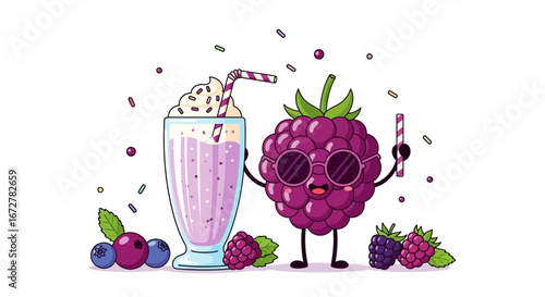 Whimsical Berry Character with Refreshing Smoothie and Fresh Berries Illustration