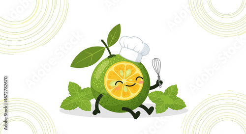 Cheerful Kumquat Chef With Whisk And Mint Leaves Smiling Happily on White Background