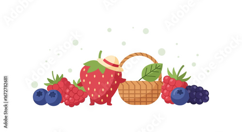 Whimsical Berry Scene: A Charming Strawberry, Fruit, Basket, and Healthy Eating