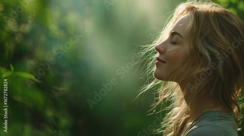 自然の森・緑の中で目を閉じて深呼吸する女性の横顔の上半身、リラックス, 穏やか, 瞑想, 健康, 自然、ウェルネス