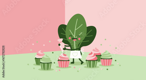 Cheerful Leafy Character Decorating Scrumptious Cupcakes, Smiling, Artistic Illustration