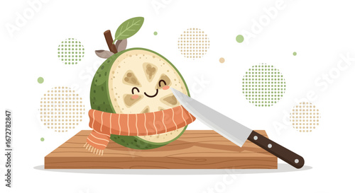 Whimsical Cartoon Feijoa Fruit With Knife, Presenting Cozy Culinary Illustration