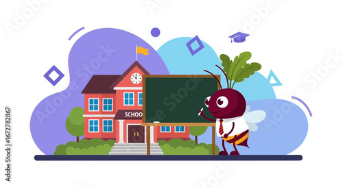 Whimsical Cartoon Illustration Depicting a School Building and a Friendly Bug Teacher Ready To
