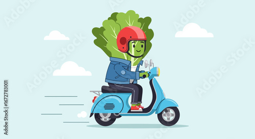 Cheerful Lettuce Delivery Service Cartoon Character Riding A Scooter In Style