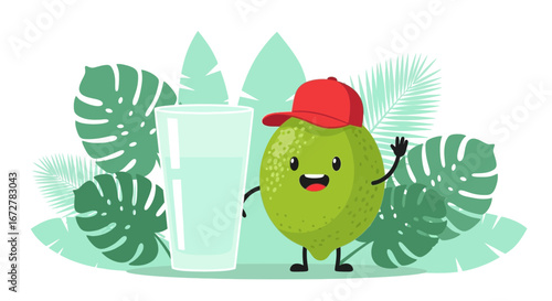 Cheerful Lime Character Wearing Cap Next To Glass Of Water And Tropical Leaves