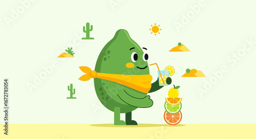 Cheerful Lime Mascot Enjoying Citrus Drink in Sunny Desert Environment Art