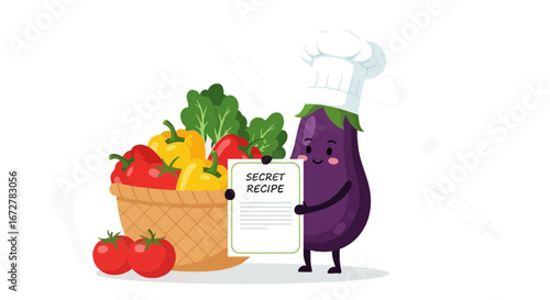 Whimsical Eggplant Chef Reveals Secret Recipe with Basket of Fresh Vegetables Delightfully