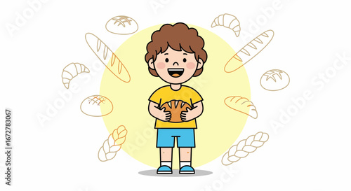 Cheerful Little Baker Holding Fresh Bread Surrounded By Delicious Assortment Of Baked Goods