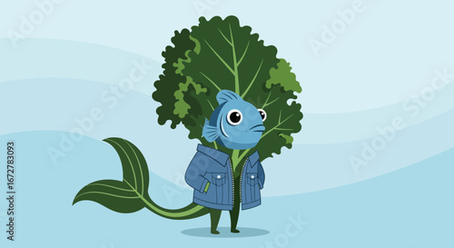 Whimsical Fish Creature With Green Leafy Headdress And Denim Jacket Design.