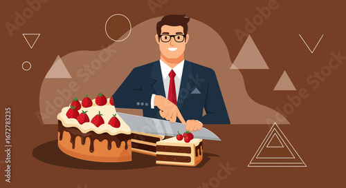 Cheerful Man Cutting Cake, Celebrating With Delicious Dessert and Happy Expression