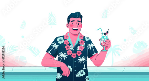 Cheerful Man Enjoying A Cocktail in a Tropical Shirt Illustration Artwork Vector