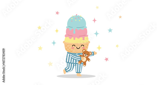 Whimsical Ice Cream Character with Teddy Bear and Pastel Starry Background