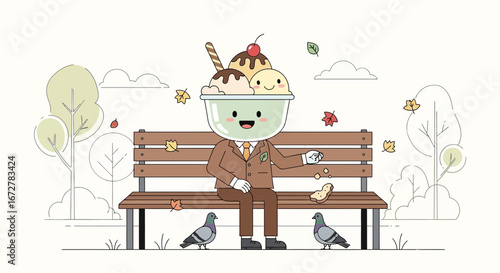 Whimsical Ice Cream Headed Character Enjoying Autumn in a Park on a Bench