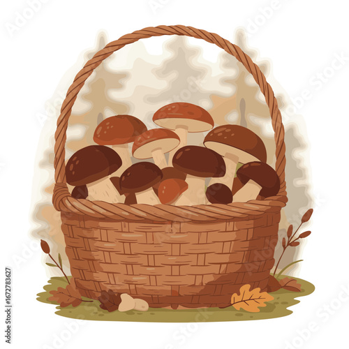 Vector illustration of Bountiful mushroom basket with autumn forest backdrop