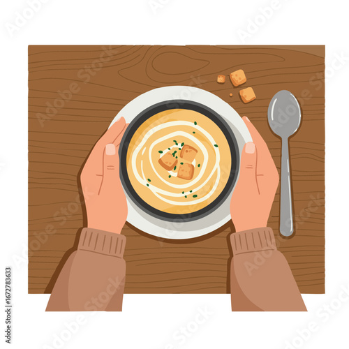 Vector illustration of Comforting moment of person enjoying soup at kitchen table