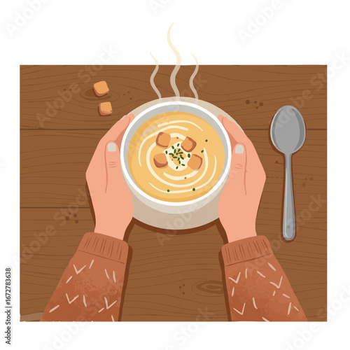 Vector illustration of Comforting moment of person enjoying soup at kitchen table