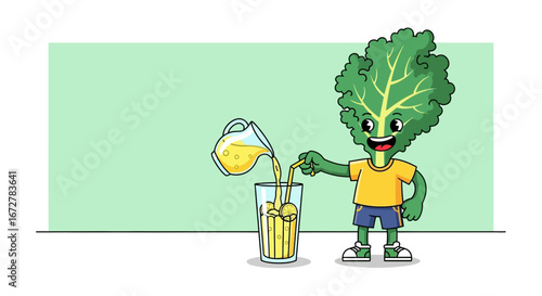 Whimsical Leaf Character Freshly Pouring Lemonade into a Glass, Delightful And Refreshing