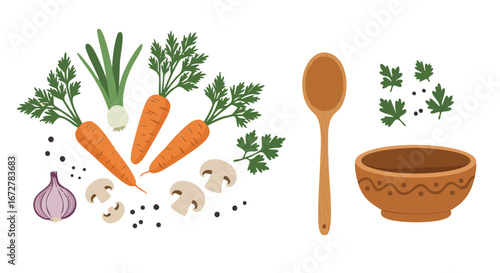 Vector illustration of Cozy flat lay of homemade soup ingredients and utensils