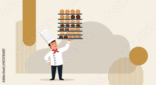 Cheerful Pastry Chef Presenting a Tower of Assorted Cookies with Pride