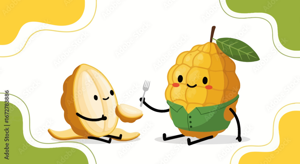 Obraz premium Whimsical Maize and Kernel Characters Sharing a Meal in Playful Illustration Style