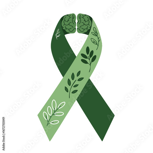 Vector illustration of Minimalist mental health awareness ribbon with botanical elements