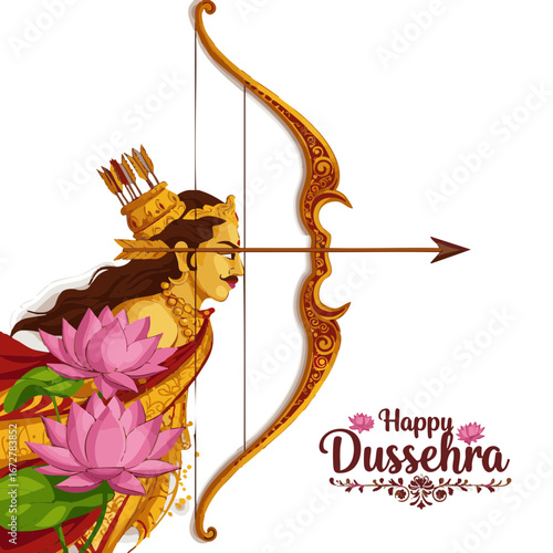 Vector illustration of Modern Dussehra greeting card with Rama's bow and lotus motif