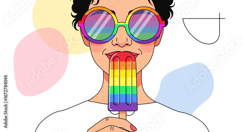 Cheerful Person Enjoying A Rainbow Popsicle While Wearing Colorful Sunglasses