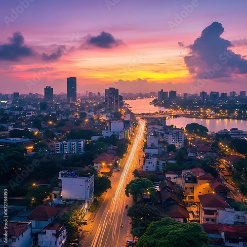 Sunset view of colombo urban streets and skyline high resolution picture
