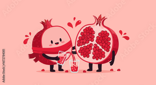 Whimsical Pomegranate Characters Creating Fresh Juice in a Delightful Illustration