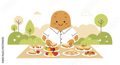 Whimsical Potato Person Presenting Colorful Food Display On A Picnic Table