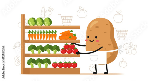 Whimsical Potato Person Stocks Vegetables For A Charming Grocery Shopping Experience