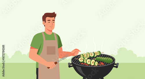 Cheerful Person Grilling Vegetables Outdoors, Joyful Preparation For a Barbecue Celebration