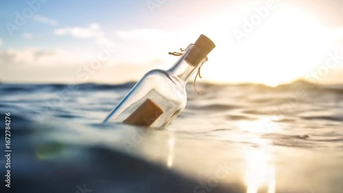 Wallpaper Mural Message in a Bottle Floating on Ocean Waves with Golden Sunset, and Adventure Concept. Torontodigital.ca
