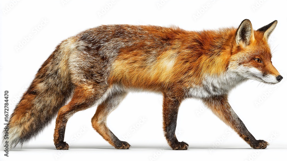 Obraz premium Red fox strides right, facing forward, long tail and orange-brown fur