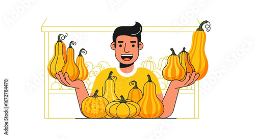 Cheerful Person Showcasing Harvested Pumpkins to Promote Agricultural Products