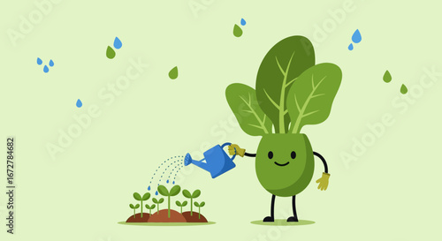 Cheerful Plant Character Nurturing Seedlings With Gentle Watering In The Garden Scene