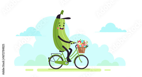 Whimsical Zucchini On A Bicycle Delivering Bouquet Flowers Through Lovely Sky Scenery