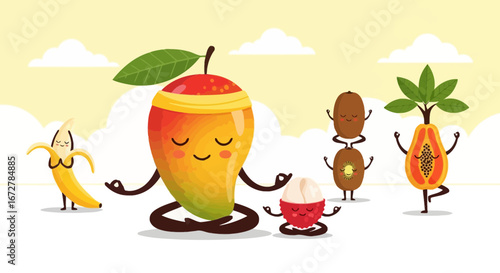 Wholesome Fruit Meditation: A Playful Ensemble of Animated Fruits Practicing Yoga and Peace