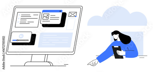 Monitor displaying multitasking workspace apps with a woman engaging on a tablet, symbolizing collaboration, technology, and communication. Ideal for teamwork, cloud computing, UI, software